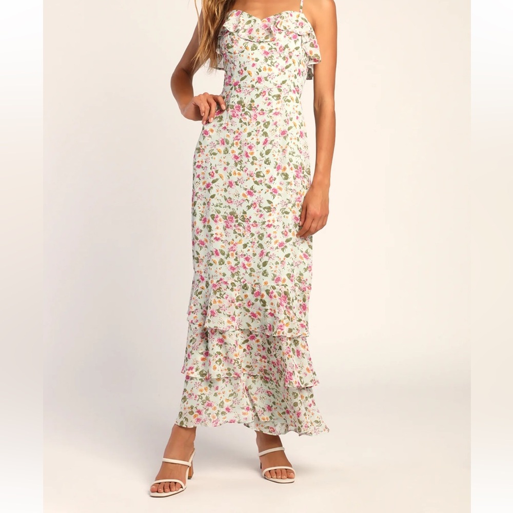 Darling Blossoms Mint Floral Print Ruffled Maxi Dress